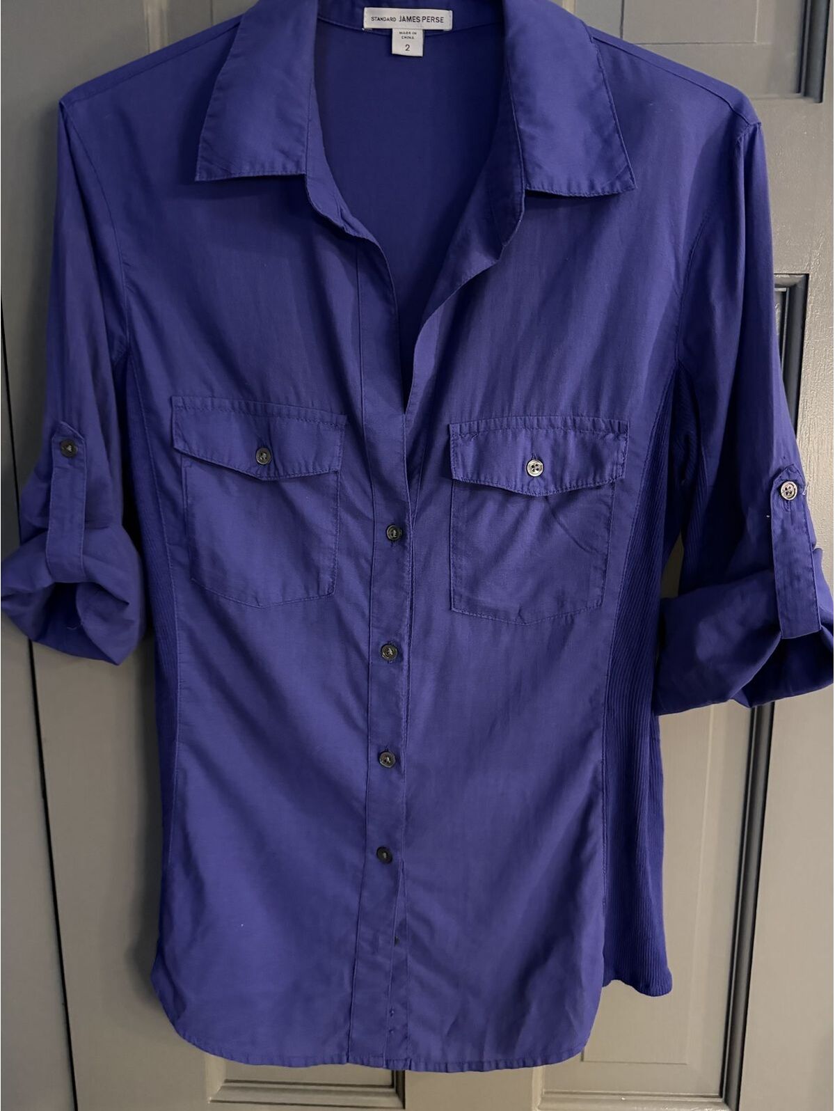James Perse Women's Sheer Slub Purple/Deep Blue Side Panel Shirt Size 2(M)